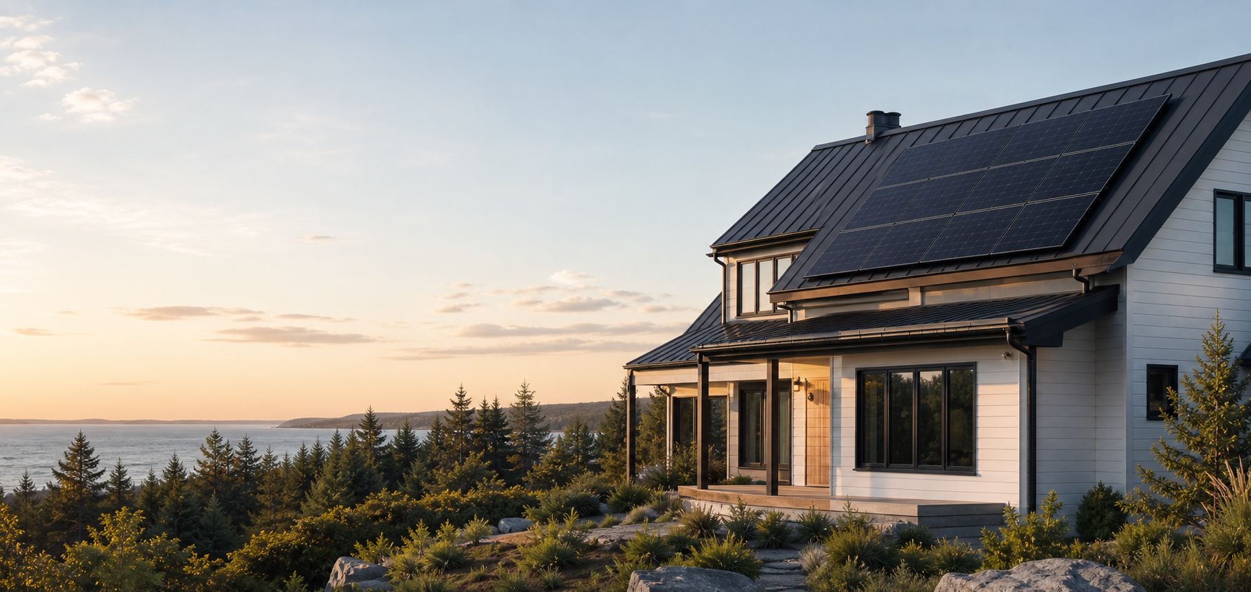 Contemporary coastal New Brunswick home with rooftop solar panels